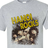 Gray T-shirt featuring vintage-inspired Hanoi Rocks band logo and graphic design. Perfect for fans of 80s glam rock. #HanoiRocks #GlamRock #VintageTee #BandMerch"
