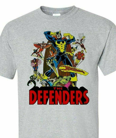 The Defenders T-shirt retro vintage Marvel comics cotton graphic tee Iron Man  Jack of Hearts The Falcon 1972