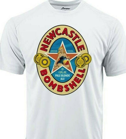 Newcastle Bombshell Dri Fit graphic Tshirt moisture wicking beer beach Sun Shirt