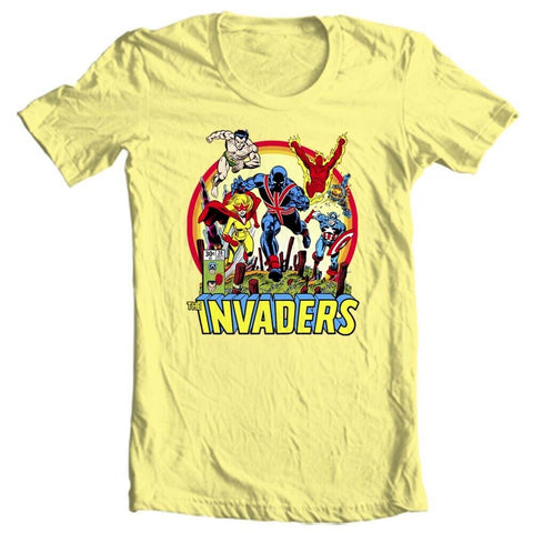 The Invaders T Shirt 1970s vintage WWII Marvel Comics Union Jack graphic tee Spitfire Human Torch Captain America  tee for sale online store