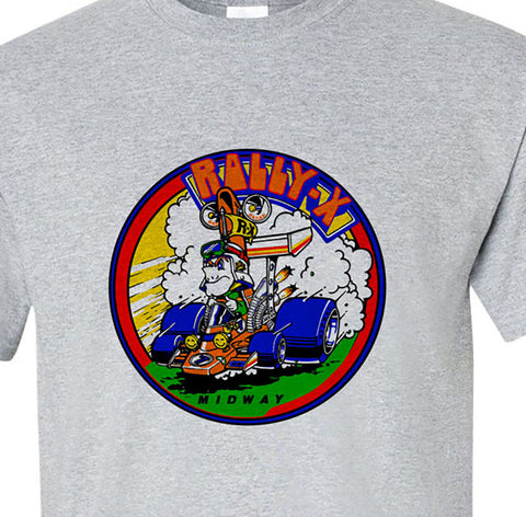 Rally X T-shirt retro arcade video games vintage style distressed heather grey