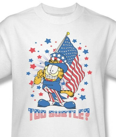 Garfield American Flag T-shirt retro classic cartoon white cotton tee Gar484